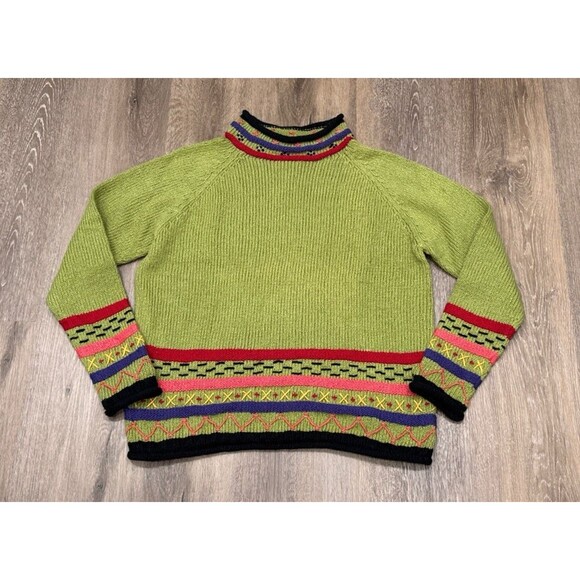 Planet Earth Sweater Womens Large Hand Loomed Peru Cotton Chunky Boho Mock Neck - Picture 1 of 8